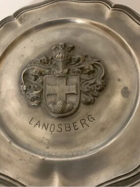 Vintage Landsberg Germany 7.5” Pewter Plate Coat‎ Of Arms Hang Plate
